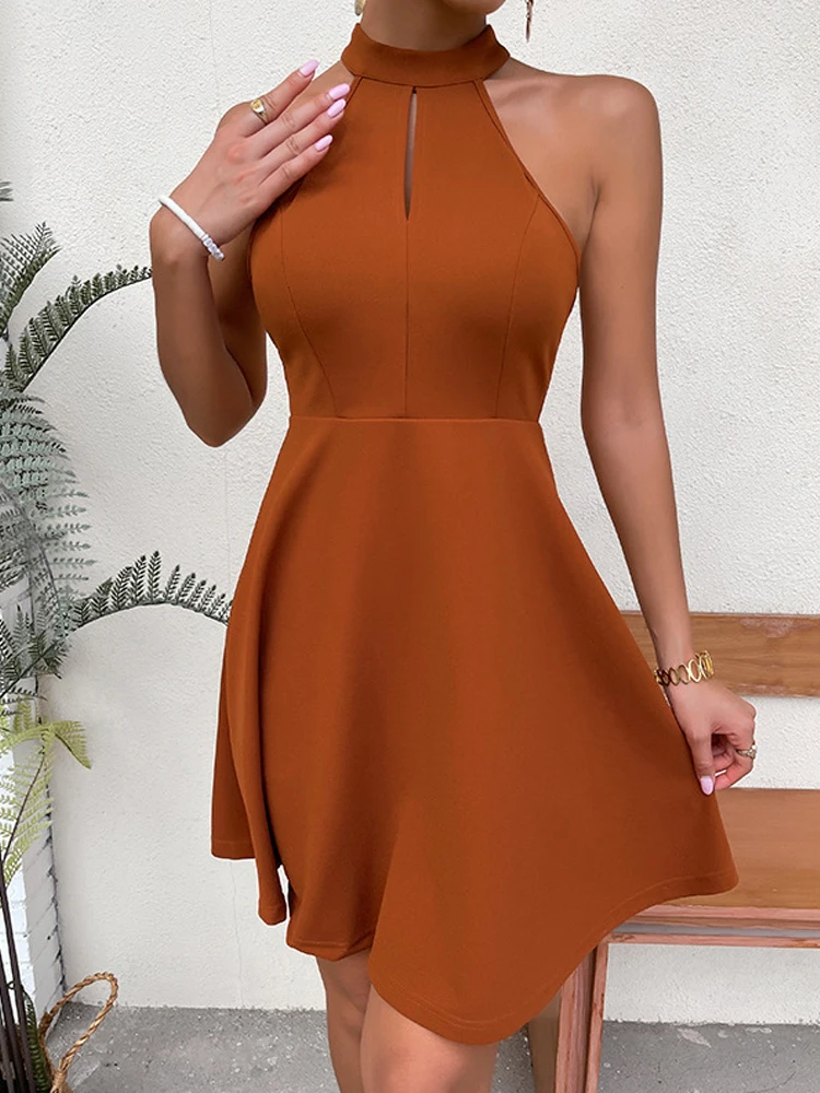 

Simple Solid Casual Women Party Dress 2022 New Elegant Sleeveless Halter Dress Sexy Lace Patchwork Hollow Out A-Line Dresses