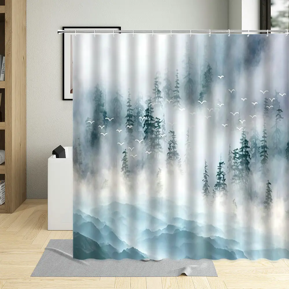 

Водонепроницаемая Штора для душа, декоративная занавеска из полиэстера, с изображением природного леса, с крючками, для ванной комнаты