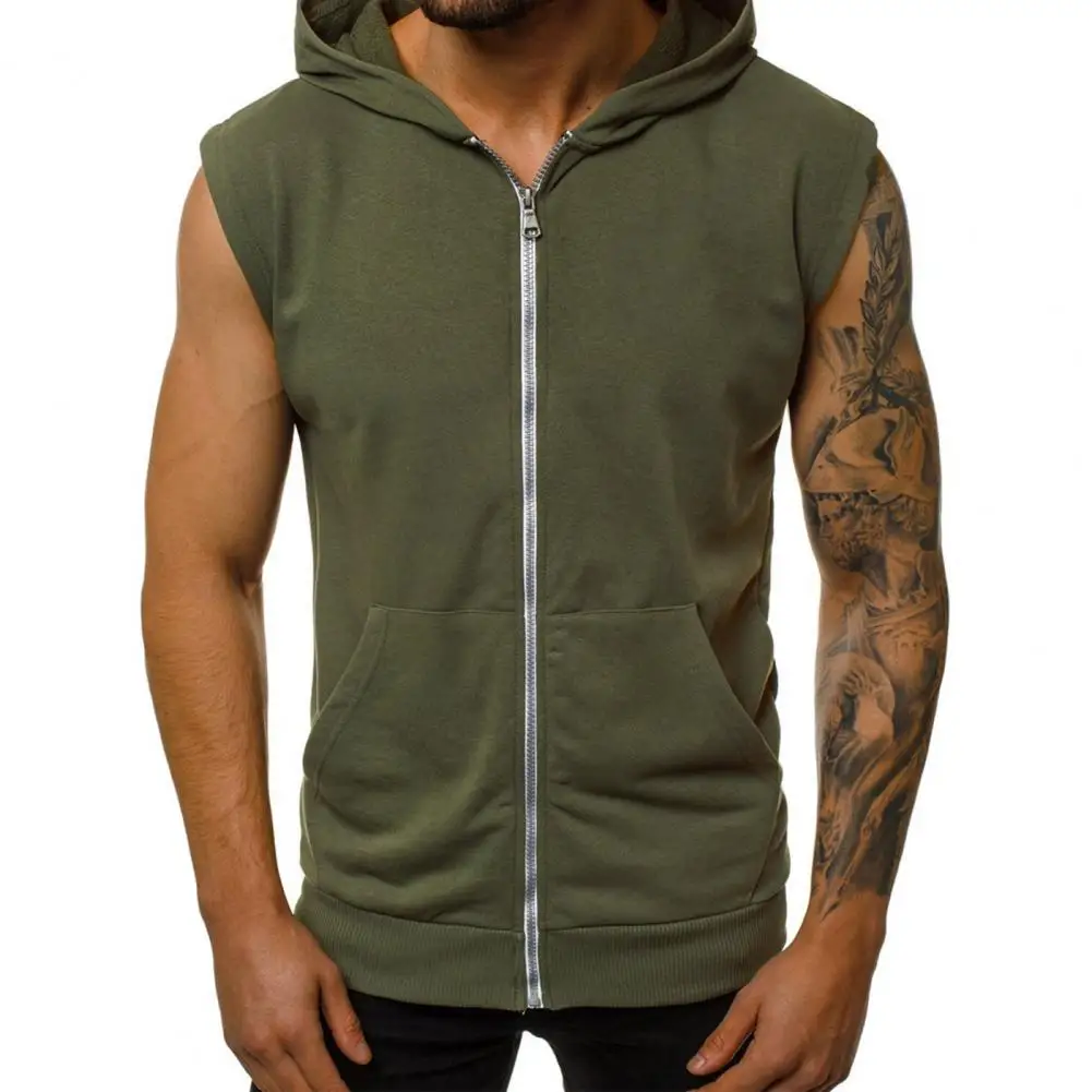 

Tank Tops Men Vest Hoodie Drawstring Pockets Zipper Closure Solid Color Vest Coat Men Hooded Sleeveless Sweatshirt Vest