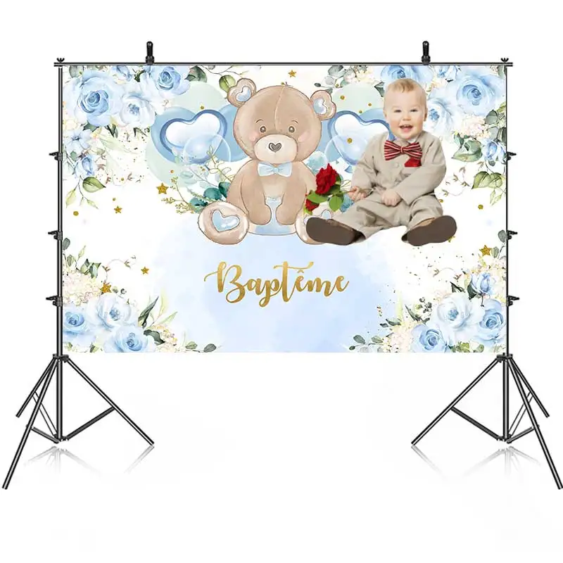 

Newborn Girl Boy Baptism Bear Birthday Party Backdrop Photography Baby Shower For Blue Flowers Background Banner Custom Name Pic