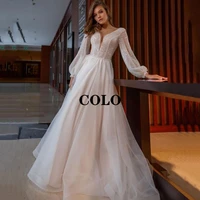 boho beach wedding dresses 2022 regular v neck tulle a line button princess wedding gown puff sleeve glitter bridal dress
