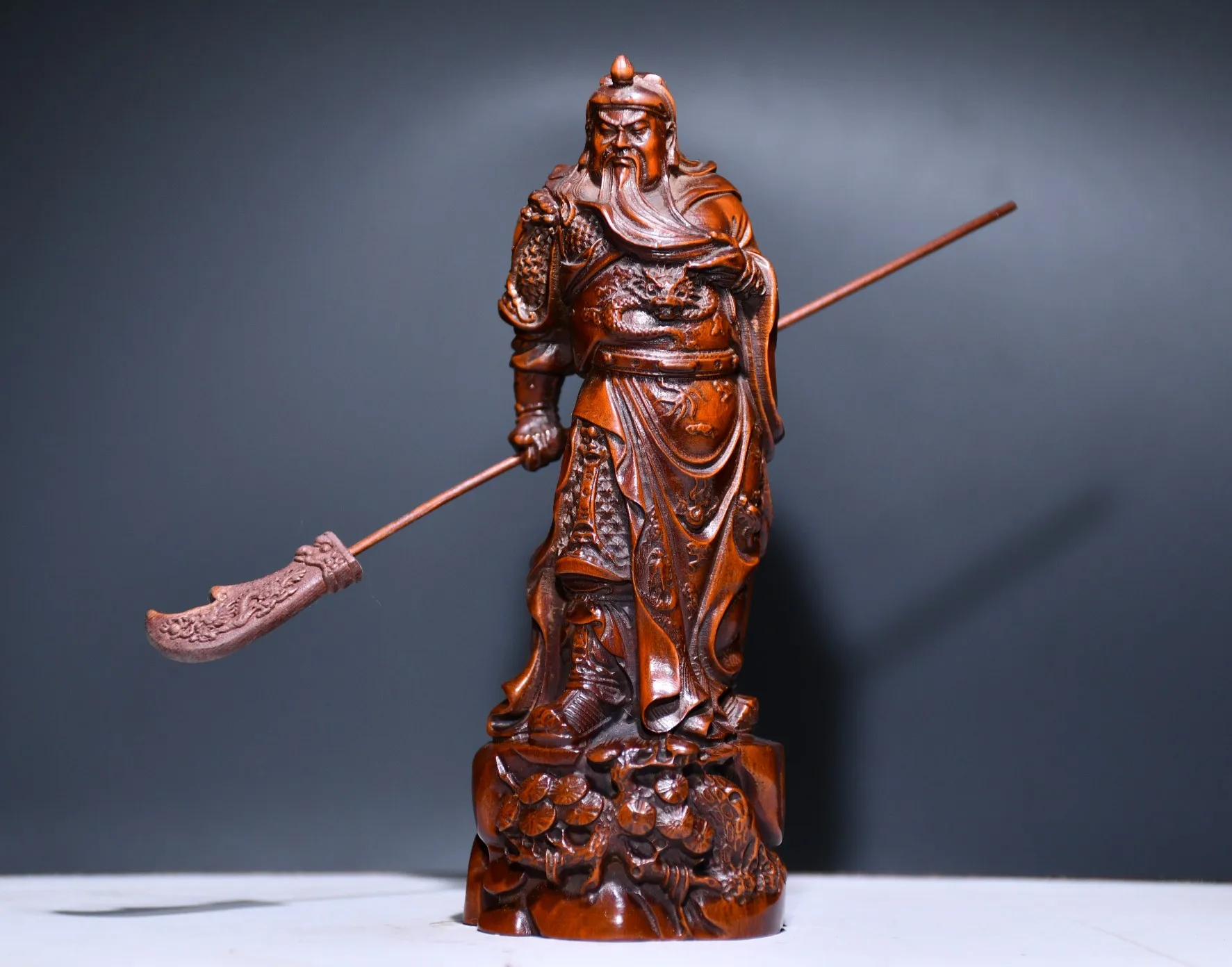 

5"Tibetan Collection Boxwood Guan Gong statue Knife Guan Yunchang God of Wealth Loyalty forever worship hall ornament Town house