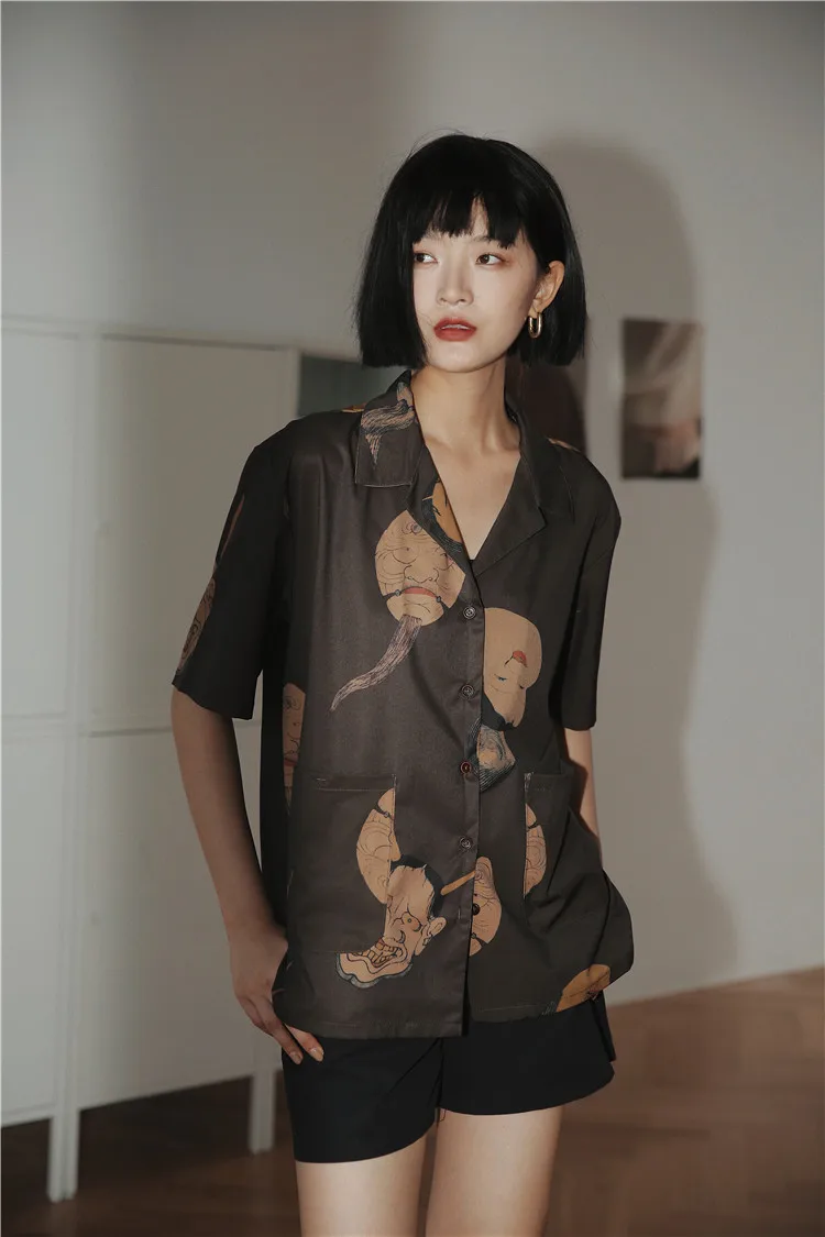 

ZCSMLL Musashi Ukiyoe Japanese Streetwear Woman Blouses Shirts Short Sleeve Button Down Shirt Aesthetic Summer Top Clothes