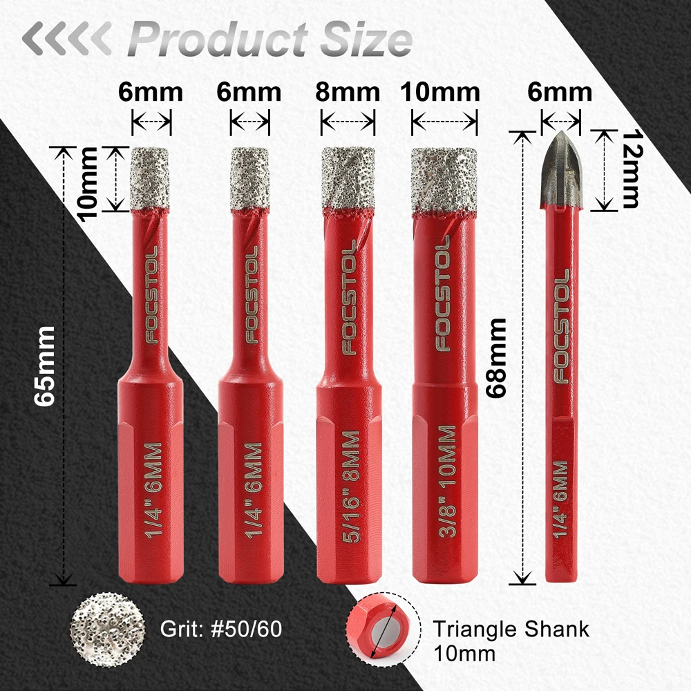 Алмазное сверло Focstol, 5 шт., кольцевая пила, сверло для керамической мраморной плитки, гранита, 6 мм, твердосплавное сверло, кольцевая пила