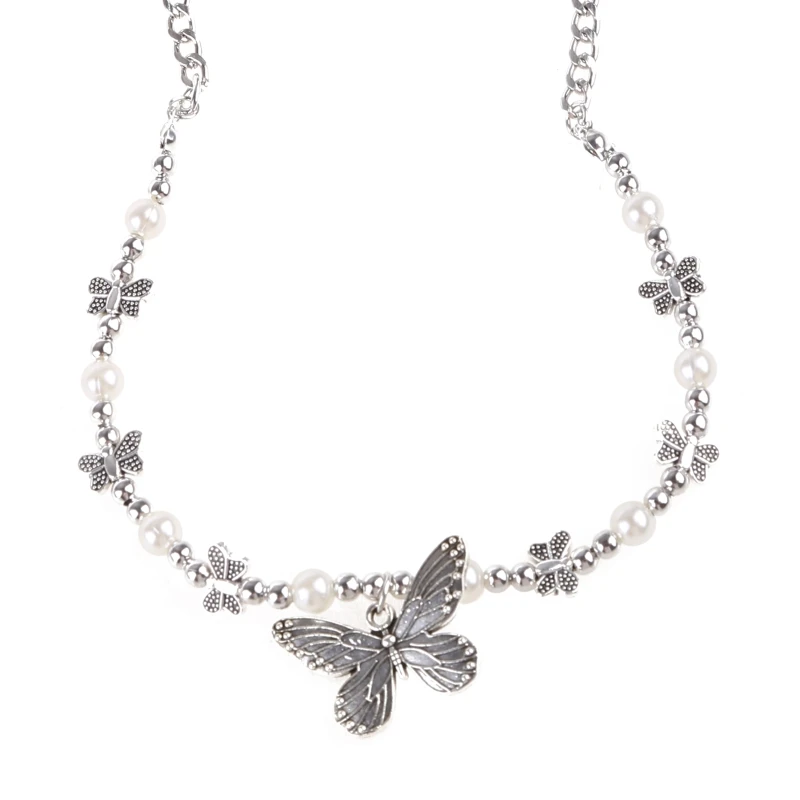 

Gothic for butterfly Pendant Necklace for Women Choker Aesthetic Hippop Pearl