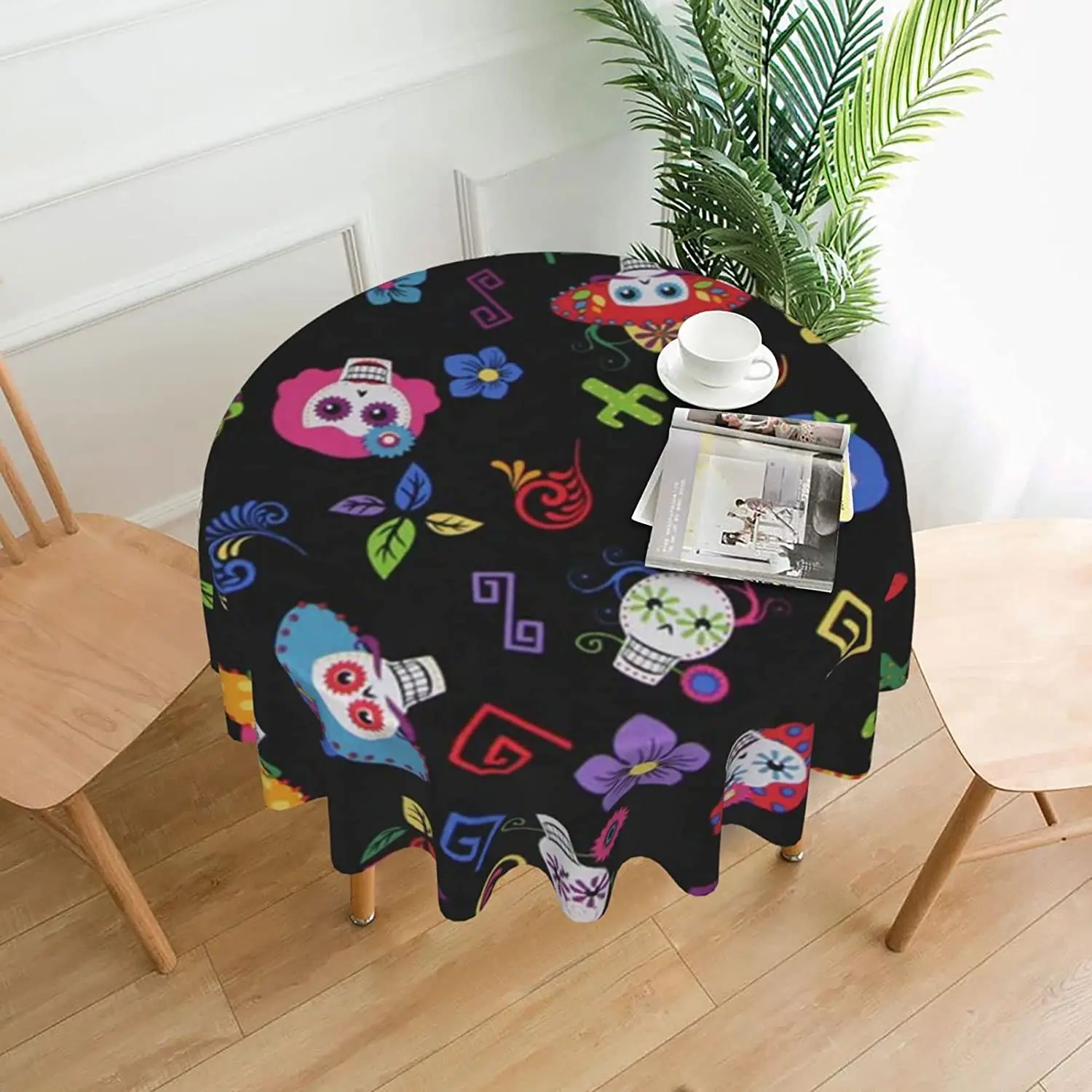 

Круглая скатерть с изображением цветов, кактуса, сахара, черепа, для открытого пикника, моющаяся скатерть, круглая скатерть для праздника и ...