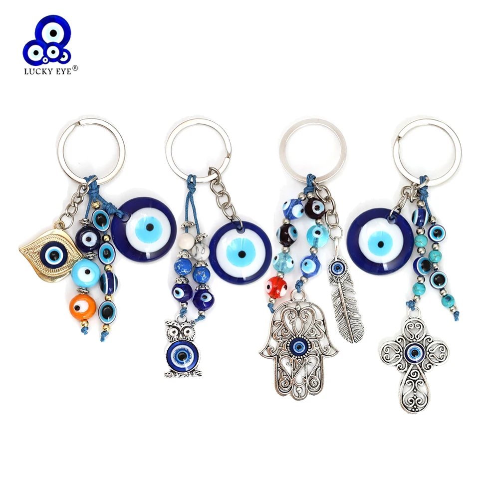 

Lucky Eye Fatima Hand Cross Owl Moon Keychain Turkish Evil Eye Bead Keychain Bag Car Keyring llavero porte clé מחזיק מפתחות