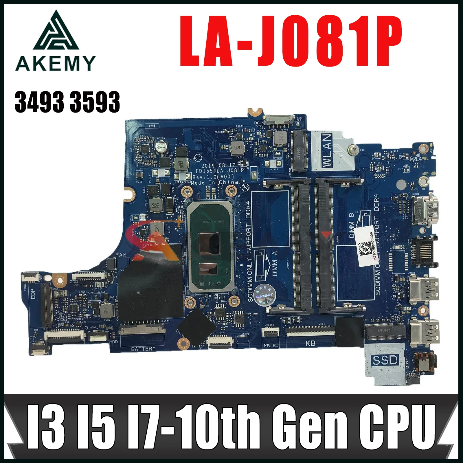 

For DELL Inspiron 3493 3593 Laptop pc motherboard LA-J081P CN-047MF0 004C38 3DD3K mainboard w/ i3-1005G1 I5-1035G1 I7-1065G7 CPU