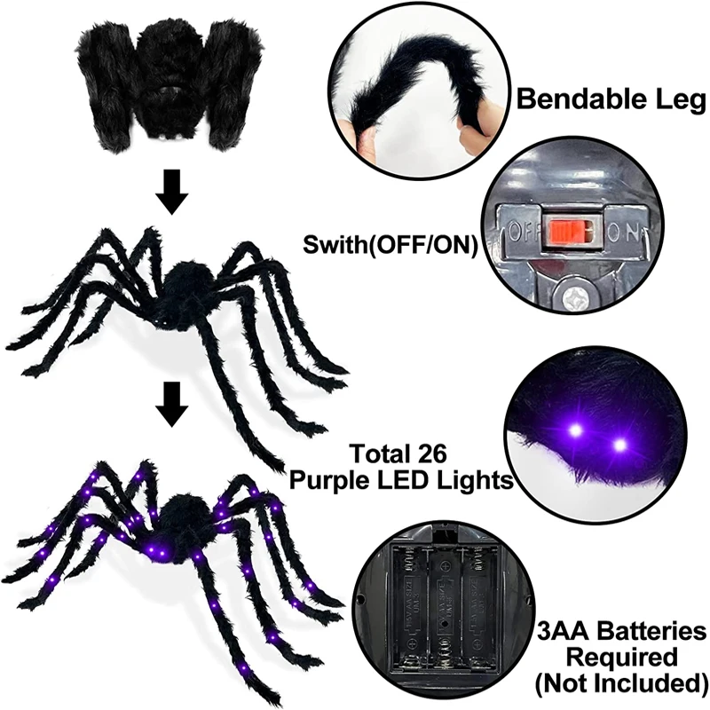 Halloween Decoration Haunted Props Black Scary Giant Simulation Spider With Purple LED Light Indoor Outdoor Haunted Decoration 2
