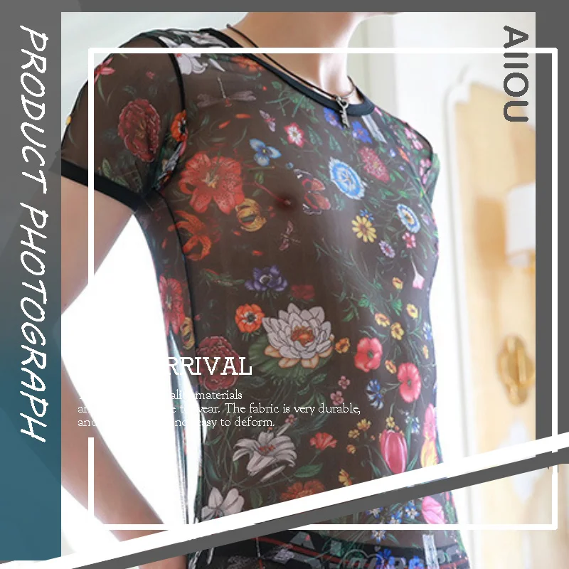 

AIIOU 2022 New Arrival Floral Sexy Undershirt Mens Breathable Lovely Print See Through Transparent Gay Couple Tee Male Fitness