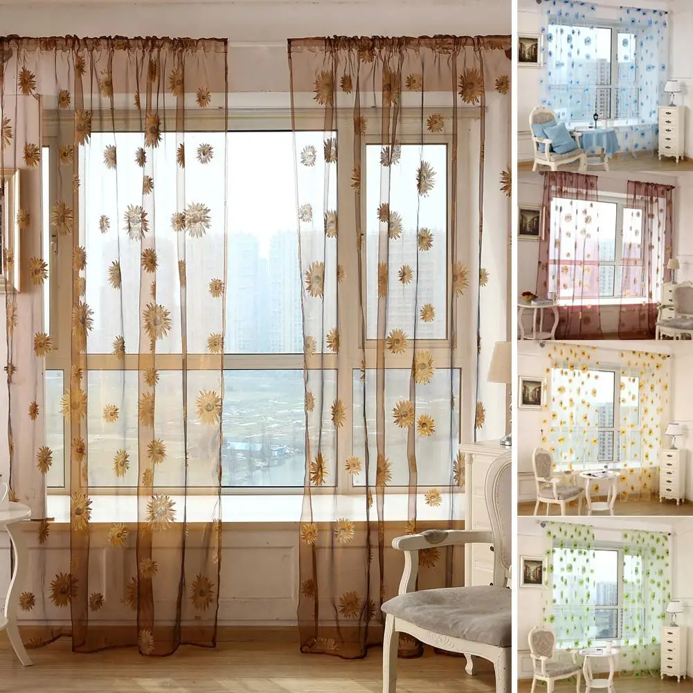 

Sunflower Tulle Valance Door Drape Home Decorations For Kitchen Balcony Room Window Blind Screening Curtain 1m*2m