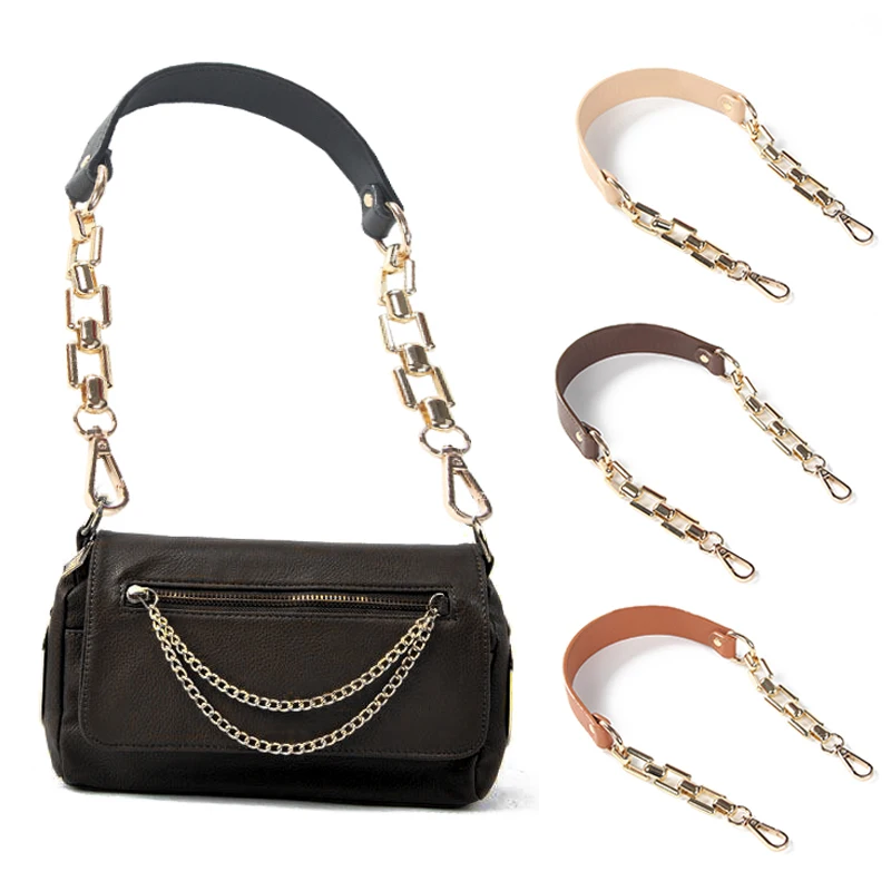 

DIY 59cm Replacement Shoulder Crossbody Bag Strap Black PU Leather Handle With Gold Silver Metal Chains