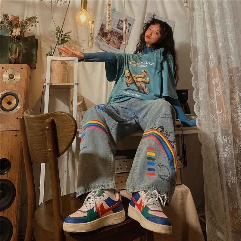 Джинсы женские прямые в уличном стиле хлопковые брюки-карго синего цвета