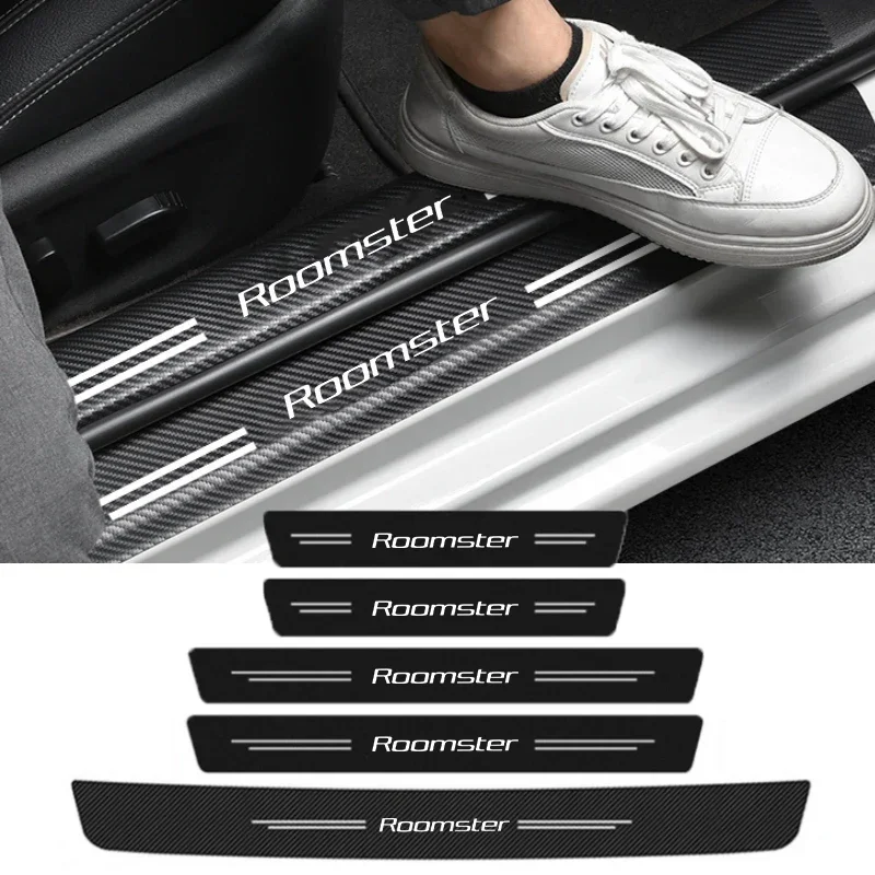 

Углеродное волокно, наклейки на порог автомобиля, против царапин, наклейки на порог, защита багажника, полоски бампера для логотипа Skoda Roomster