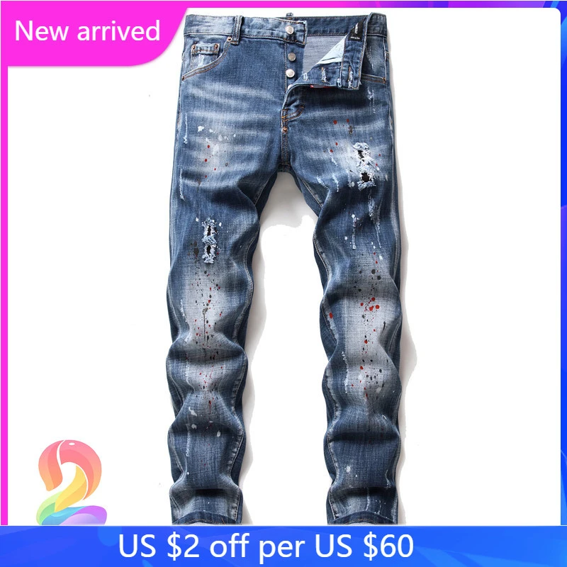 

Dsq2 Embroidery Logo DSQ2 Jeans High Quality Splash Ink Button Fly Denim Pants Dsq 2 Oversize Trousers