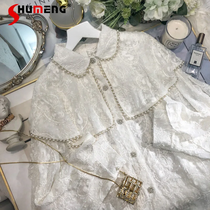 

Женская кружевная жаккардовая рубашка во французском винтажном дворцовом стиле с кукольным воротником и бисером, новинка весны 2022, модная ...