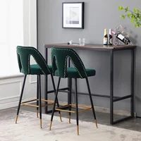2Pcs Furniture Collection Modern Contemporary Velvet Upholstered 28" Bar Stools Nailheads Gold Tipped Black Metal Legs Green