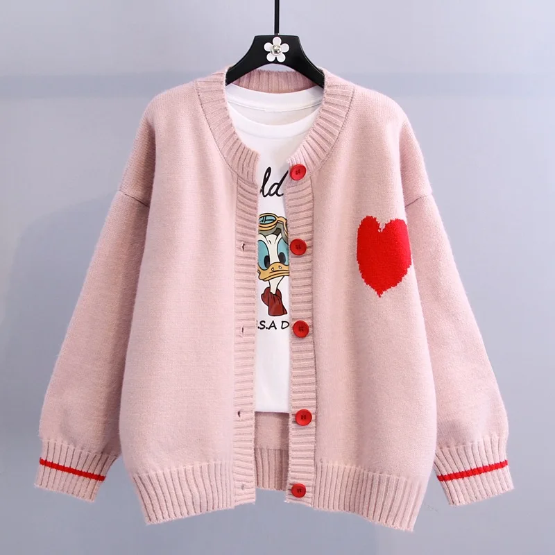 

Sweet Sweate Heart Pattern Long Sleeve Cardigan Coat Japan Style V Neck Single Breasted Sweater Elastic Knit Women Tops