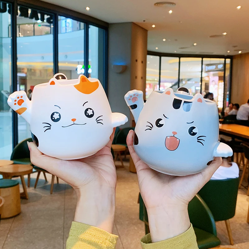 Cartoon Cute Cat Mugs with Spoons Creative Cat Paw Ceramic Mug for Coffee Tea Milk Oatmeal Large Capacity Animal Cups Funny Gift