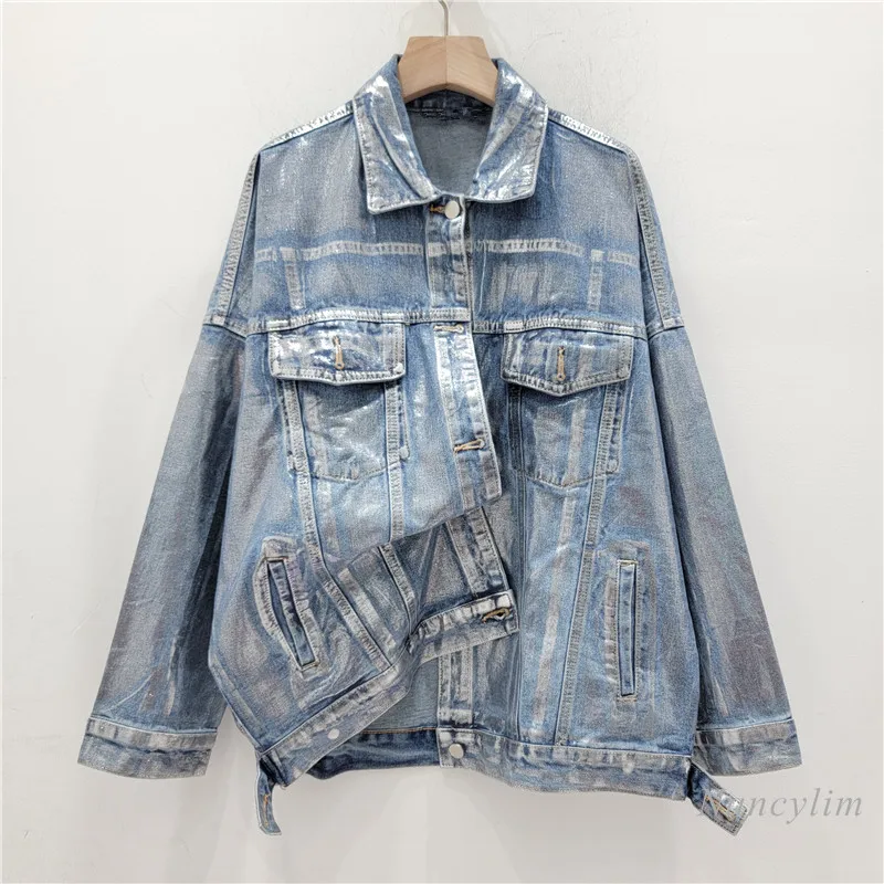 Новинка Весна 2024 дизайнерское серебристое джинсовое пальто ручной росписи для