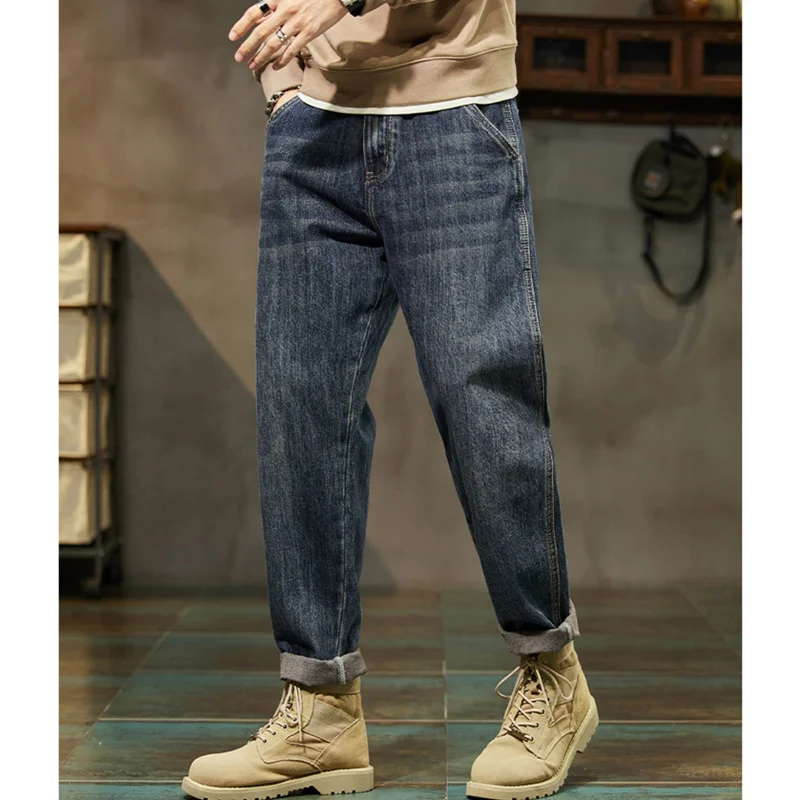 Streetwear Men 2022 Fashion New Pattern Vintage Recreational Blue Jeans Loose Straight Cylinder Broad Leg Trousers Autumn Femal