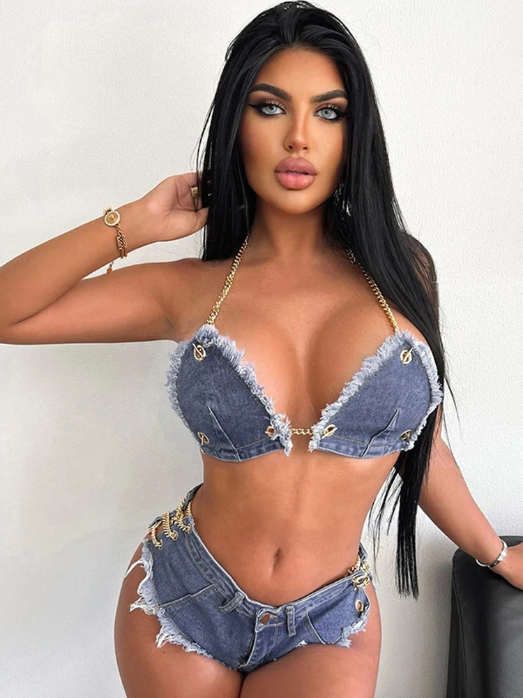 

Женский комплект бикини в стиле пэчворк, Бюстье + шорты, комплект из 2 предметов, купальник с металлической цепочкой, летние купальники 2022, се...