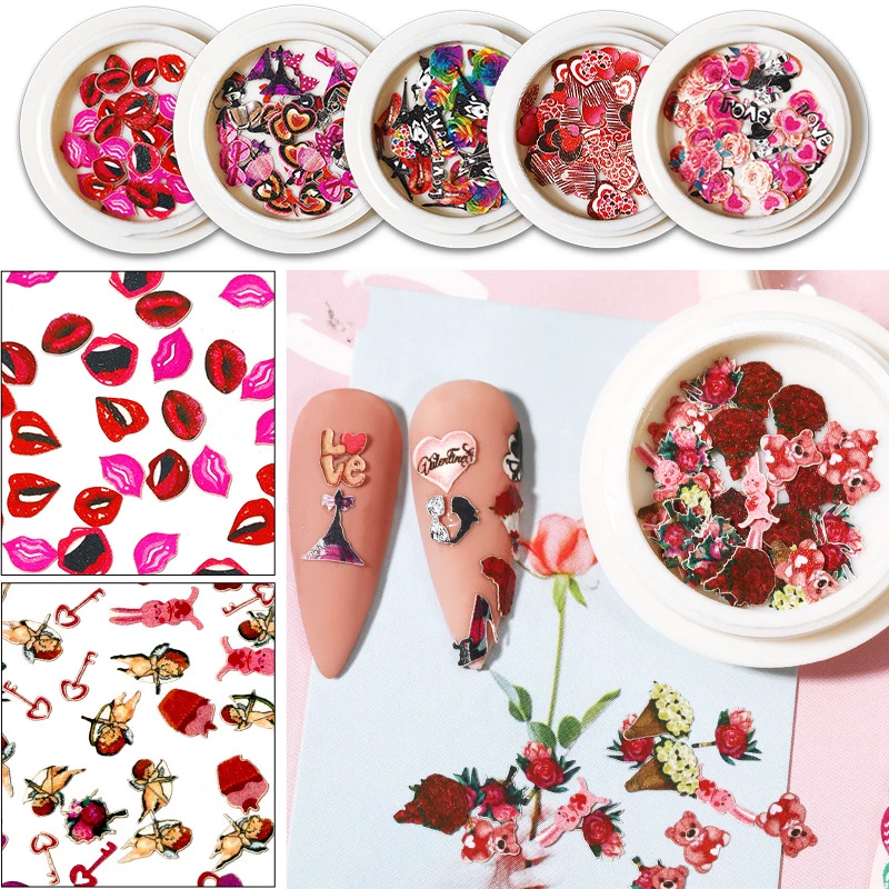 

Valentine's Day Manicure Nail Sequins Wood Pulp Rose Kiss Lipstick Flower Butterfly Flowers Nail Art DIY 3D Nail Stickers Decals