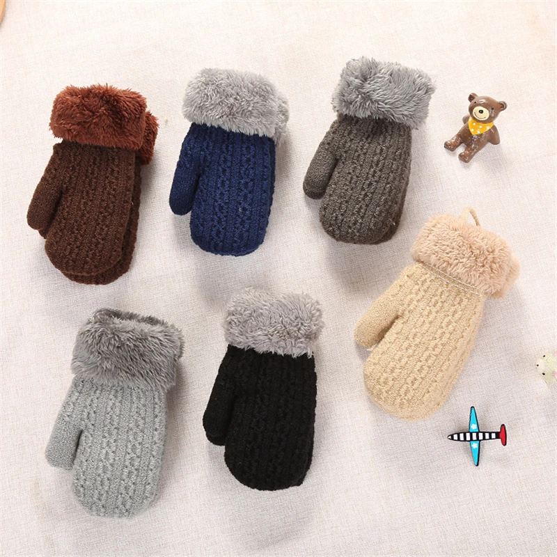 

1-4 Years Kids Warm Halter Gloves Solid Color Knitted Baby Girls Boys Mittens Autumn Winter Outdoor Children Full Finger Gloves