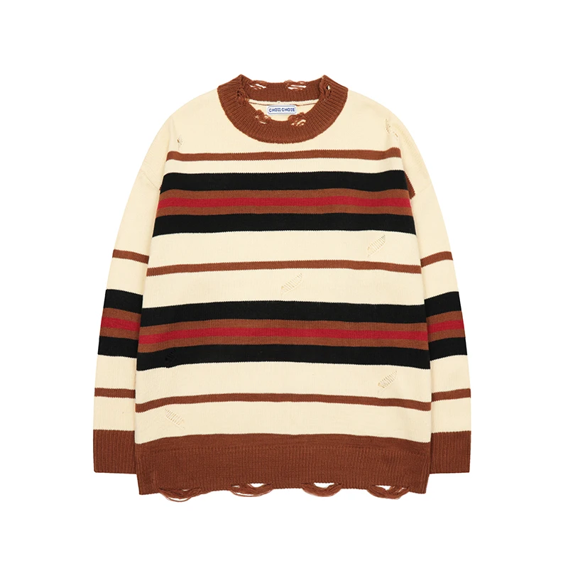 

Ripped Bottom Color Match Striped Pullover Men's Sweaters Harajuku Retro Streetwear Oversized Couple Knitted Winter Clothes