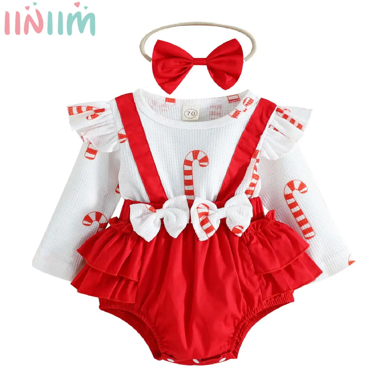 

Рождественское платье для маленьких девочек, комбинезон, боди с длинным рукавом и бантом, комбинезон карамельных цветов с оборками и повязка на голову