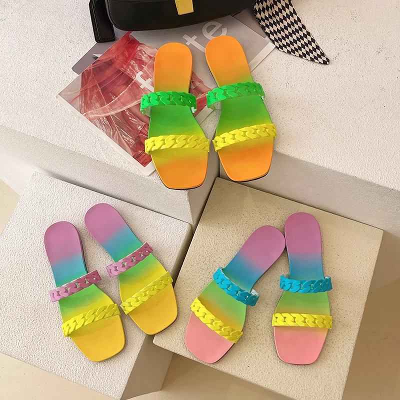 

2020 Women Summer Home Slippers Rainbow Color Platform Wedges Heel Peep Toe Fashion Casual Beach Ladies Comfy Shoes