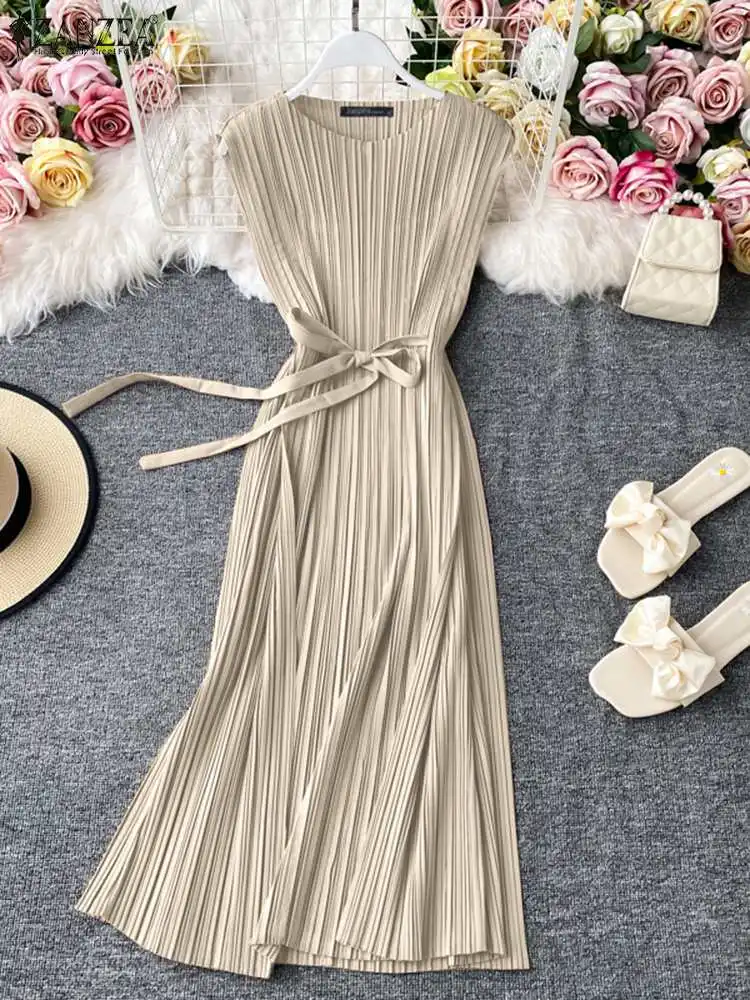 

ZANZEA Women Summer Pleated Solid Dress O-Neck Sleeveless Robe Femme Fashion Casual Elegant Oversized Party Tank Vestidos 2022
