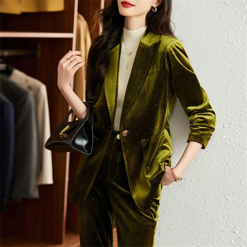 Velvet Women Pant Sets 2023 New in Casual Blazer Jacket with Trouser Suit Elegant Office Lady Business Formal 2 Piece Set
