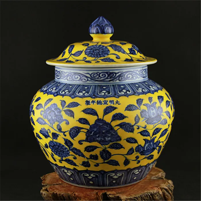 

Jingdezhen Ming Xuan deAntique желтая глазурованная сине-белая большая банка для хранения с крышкой имитация династии Мин официальные печи