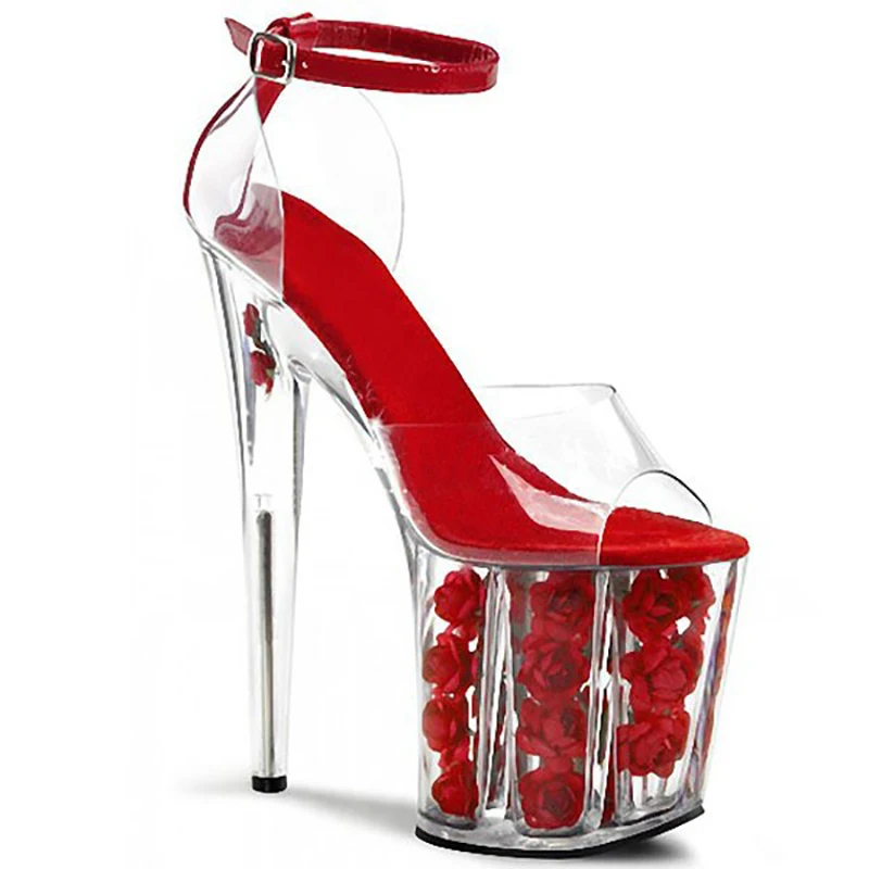 

Fashion Women High Heeled Sandals 20cm Flower Clear Platform Sandals Women Patent Leather Buckle Strap Stiletto Dress Shoes