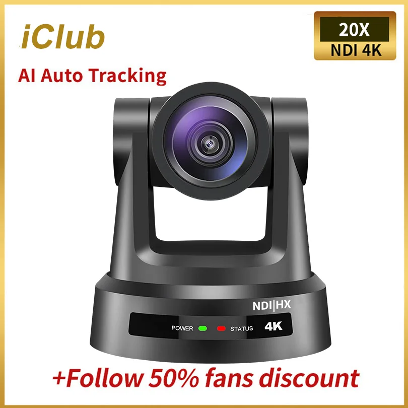 

iclub AI auto Tracking NDI 4K 20X Optical Zoom PTZ Camera with SDI+HDMI+LAN+USB3.0+POE Live Streaming vMix for Studio Church