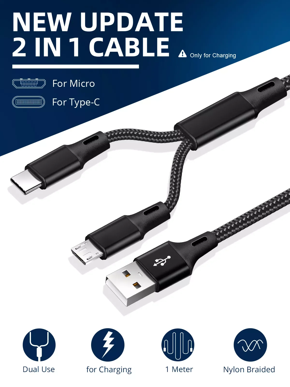 

2 in 1 Micro USB Type C Cables Fast Charge Charger Tablet Charge Cord 2in1 Nylon Braided Wires