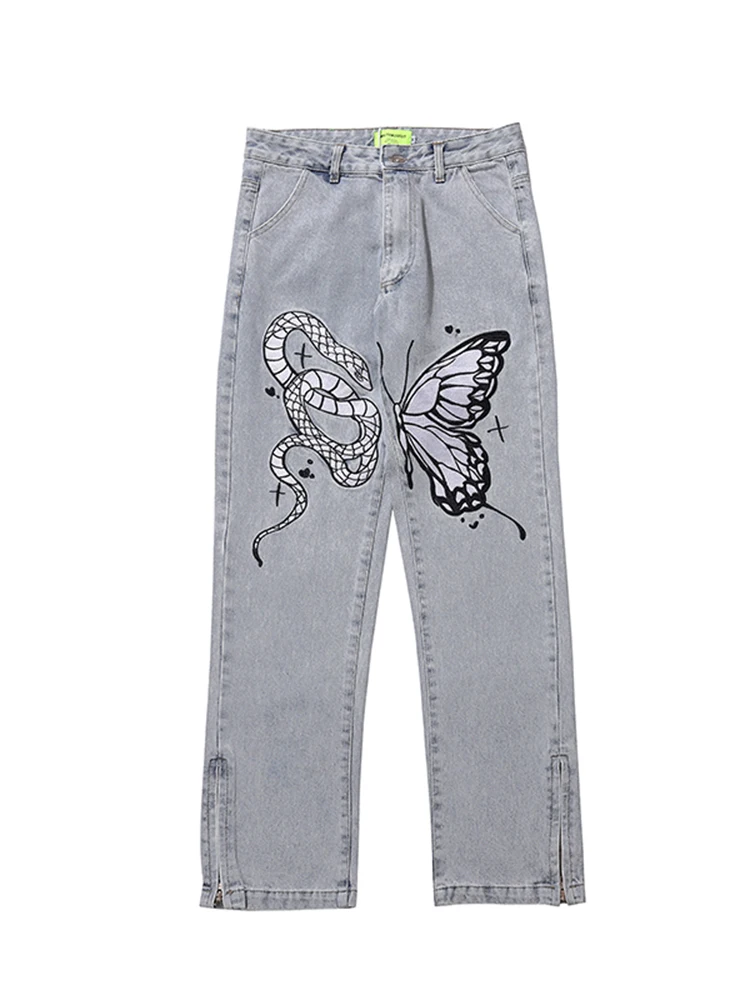 High Street Butterfly and Snake Embroidery Straight Jeans Pants Men's Ankle Zipper Retro Pockets Loose Denim Trousers Hip Hop