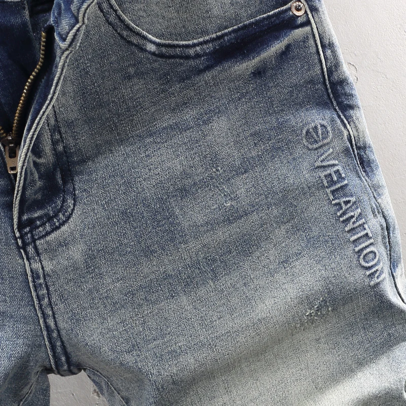 Fashion Designer Men Jeans Summer Trendy Retro Blue Elastic Ripped Short Jeans Embossed Vintage Hip Hop Denim Shorts Hombre