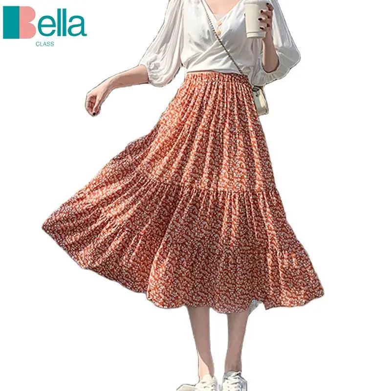 

Spring Summer Floral Chiffon Long Skirts Fairy Patchwork Printed Boho Calf Length Skirts