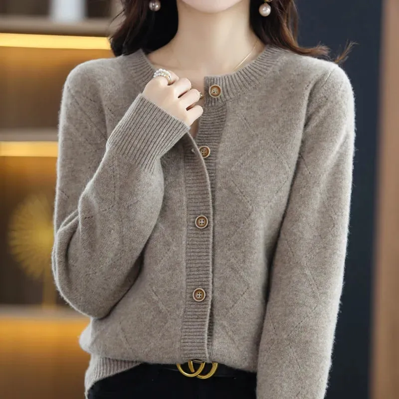 

Вязаный кардиган для женщин, весна-осень, новый однотонный однобортный свитер с соединением, круглым вырезом, топ, простая женская одежда 690