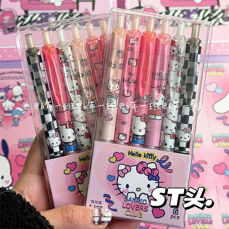 

6pcs/set Sanrio Roller Ball Pen Stationery Kawaii Anime Kuromi Hello Kitty Ins Black 0.5MM Children School Birthday Girl Gifts
