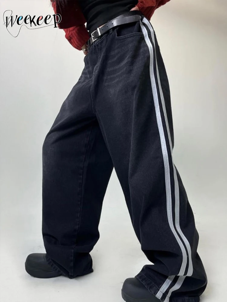 

Weekeep Streetwear Striped Patchwork Black Jeans Women Fashion Baggy Straight Denim Cargo Pants 90s Harajuku Casual Trousers y2k