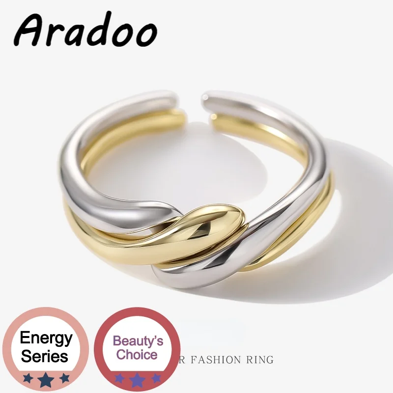 

ARADOO S925 Silver Combination Detachable Gold and Silver Ring Water Ripple Open Couple Ring Pair Ring