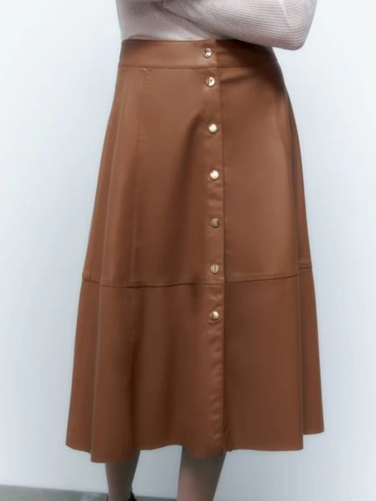 

Kumsvag 2022 Autumn Women PU Sweet MIDI Skirts Fashion Solid Buttons Female Elegant Street Knee-Length Skirt Clothing