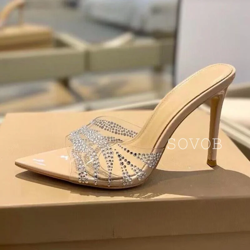 Летние туфли с острым носком из ПВХ Bling Crystal женские универсальные на высоком