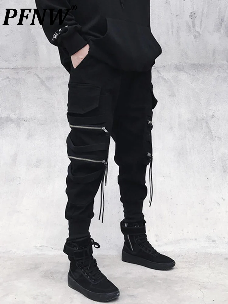 

PFNW Fashion Overalls Men Tide Zipper Decorative Streamer Banded Leg Cargo Pants Street Style Hip Hop Techwear Trousers 12A2853