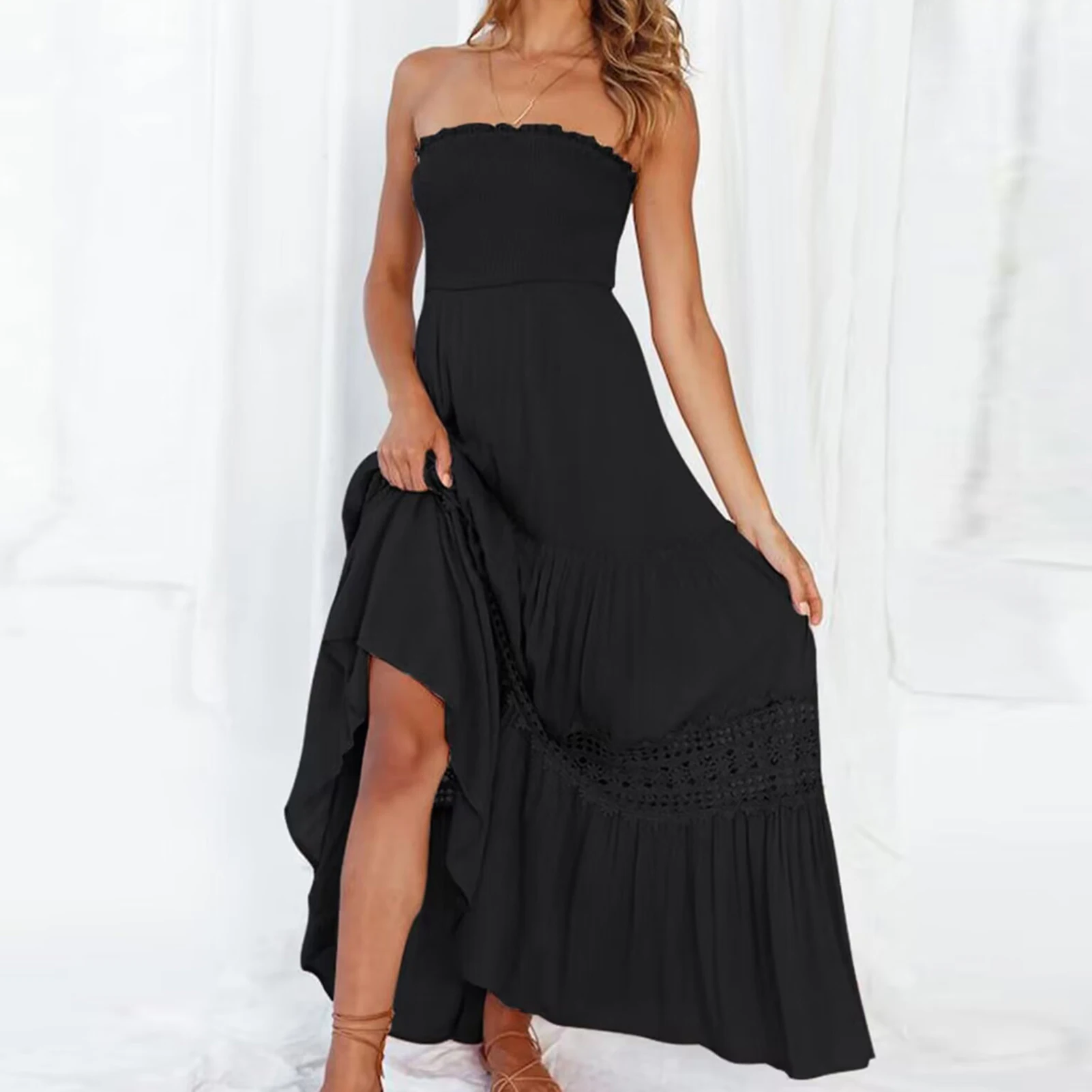 

Dresses for Women 2023 Summer Bohemian Sleeveless Smocked Elastic High Waist Tiered Hollow Out Female Casual Long vestido