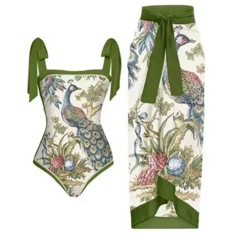 Женский комплект из двух предметов с юбкой, летний пикантный пляжный бикини для отпуска, Цельный купальник с принтом павлина, шифоновая длинная юбка с разрезом