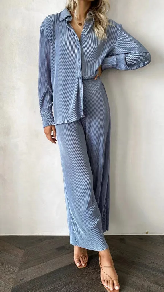 

Summer Women's 2Pc Suits Lapel Button Long Sleeve Solid Shirt and Wide Leg Pant Set 2022 New